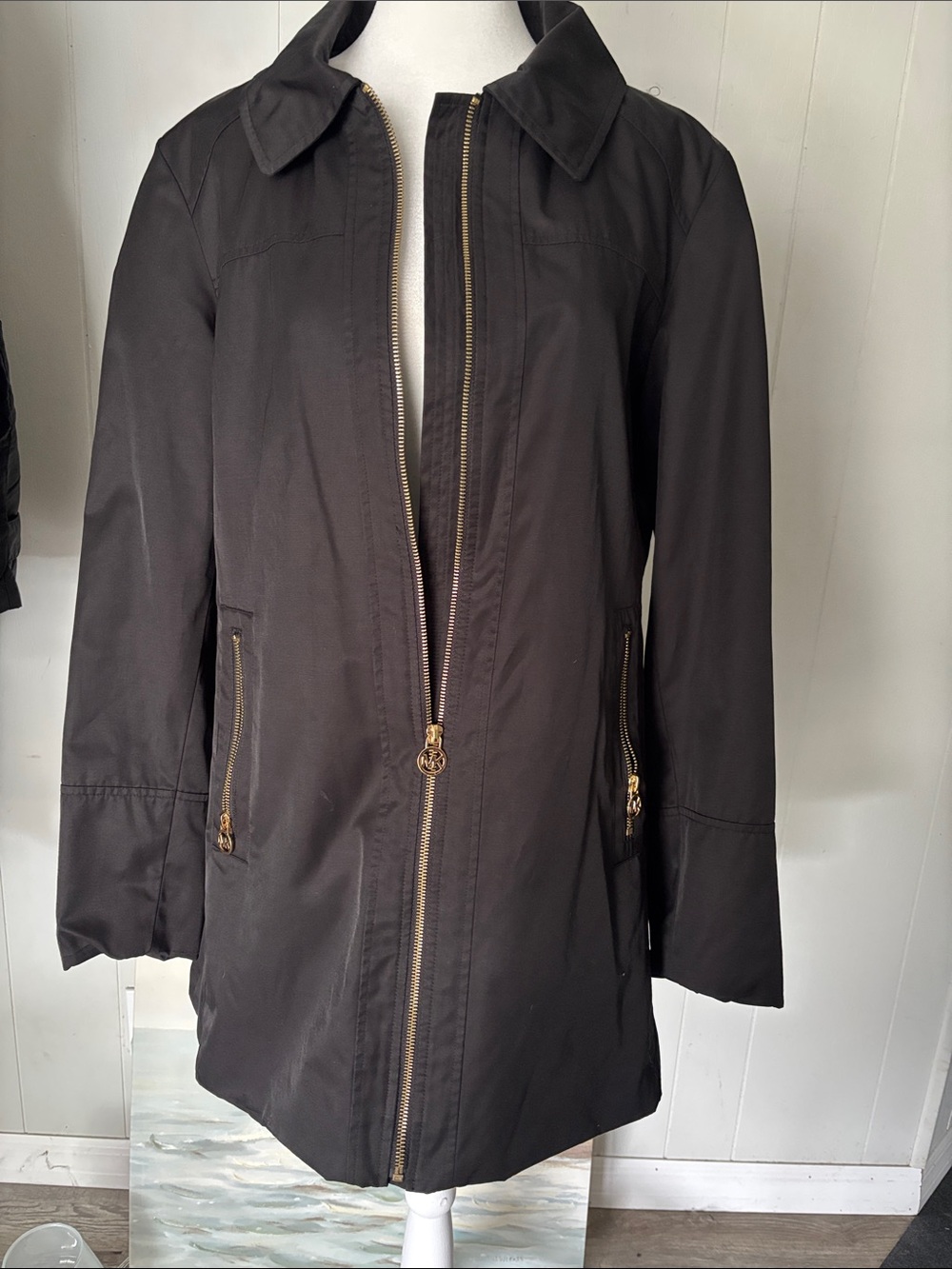 Michael Kors Black Trench Coat with Gold Hardware